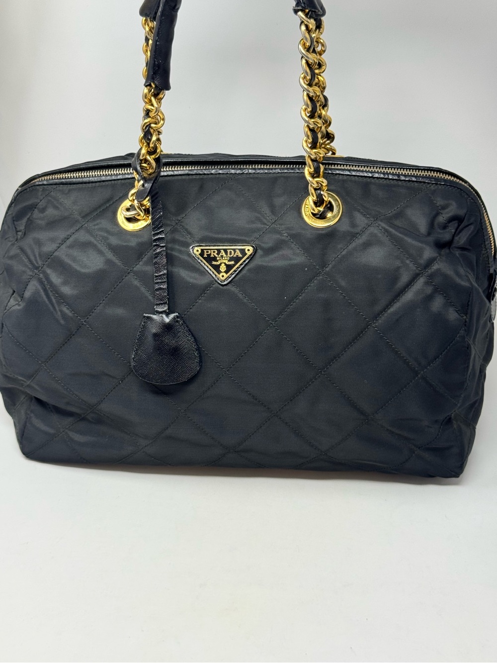 💯Authentic PRADA Black Nylon Triangle Golden Chain Shopper Bag